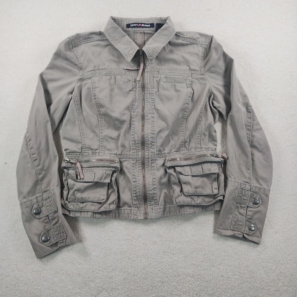 Vtg DKNY Jeans Utility Jacket Women's L (Fits M/ L) Khaki Gray Fitted Moto y2k